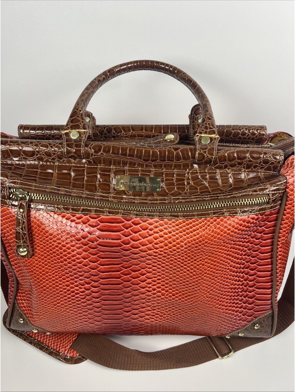 Samantha Brown Embossed Crocodile Red/Brown Dowel Carry On Travel Bag